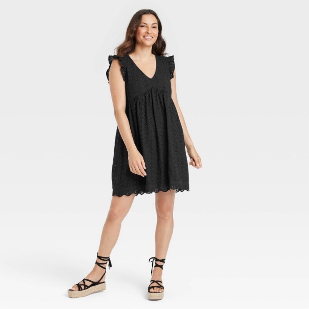 Womens Ruffle Short Sleeve Eyelet A-Line Dress